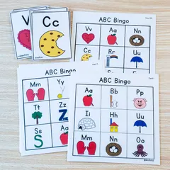 ABC Bingo cards with letters and pictures, and calling cards for valentine and cookie