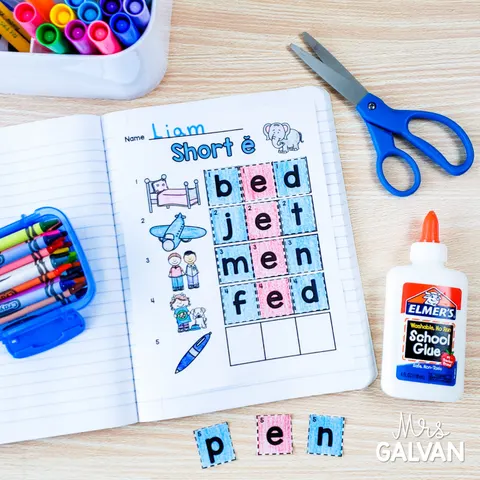CVC Words cut and paste page with sound boxes