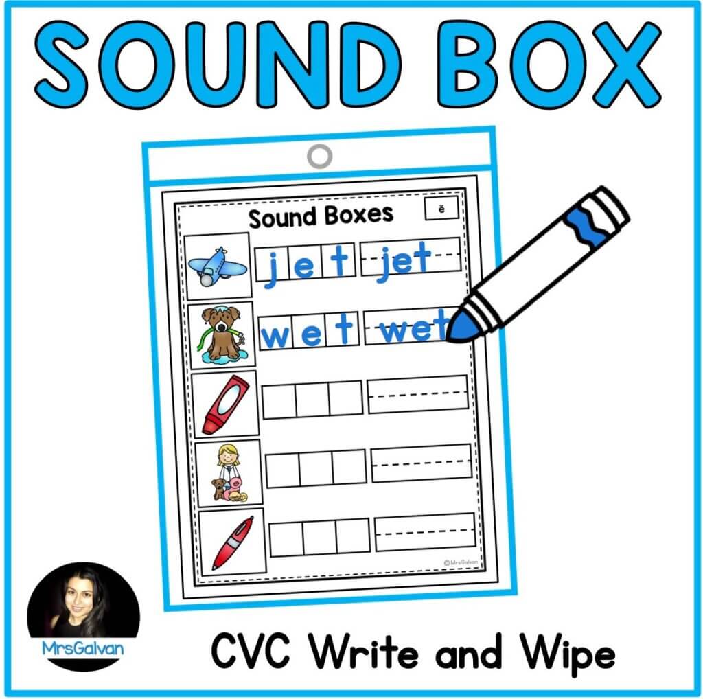 sound out and write cvc words in sound boxes with dry erase markers