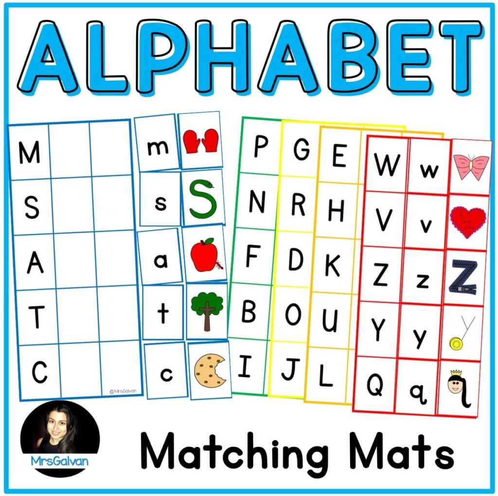 alphabet mats with 5 letters to a page and pictures to match